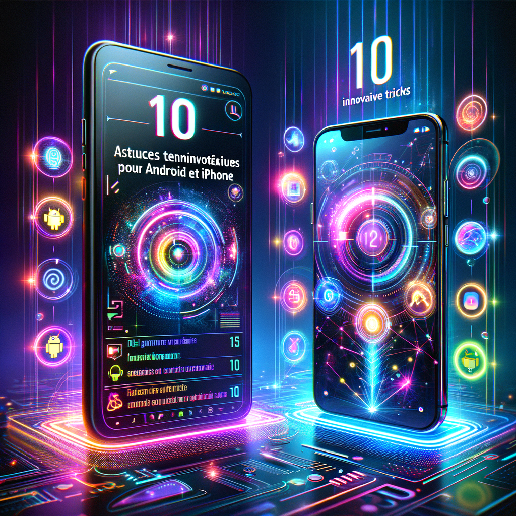 Illustration of 10 innovative smartphone tips for Android and iPhone featuring vibrant neon graphics.
