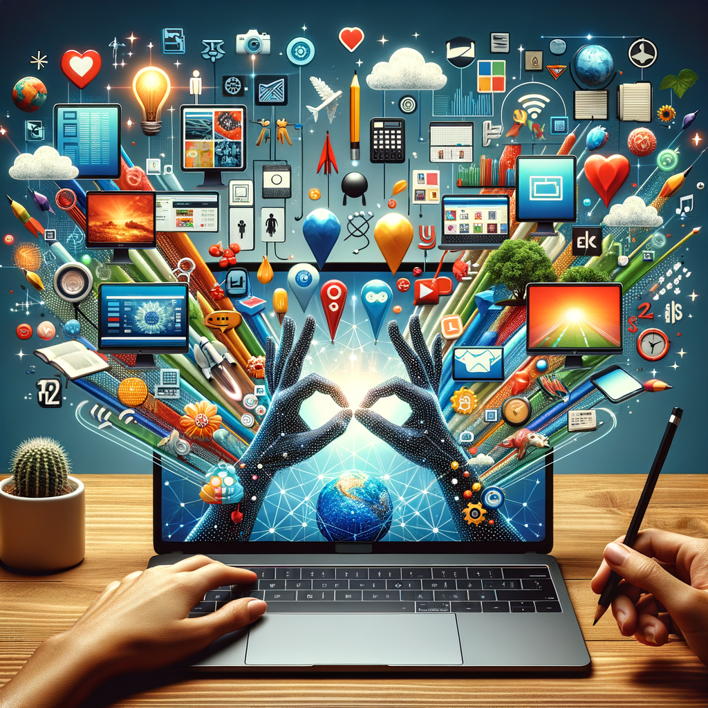 Innovative digital technology and connectivity icons emerging from a laptop.