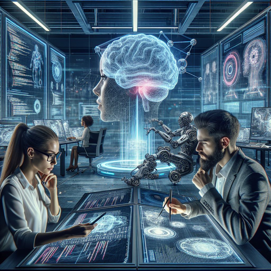 Futuristic AI research lab with scientists and robots analyzing digital brain data on advanced holographic displays