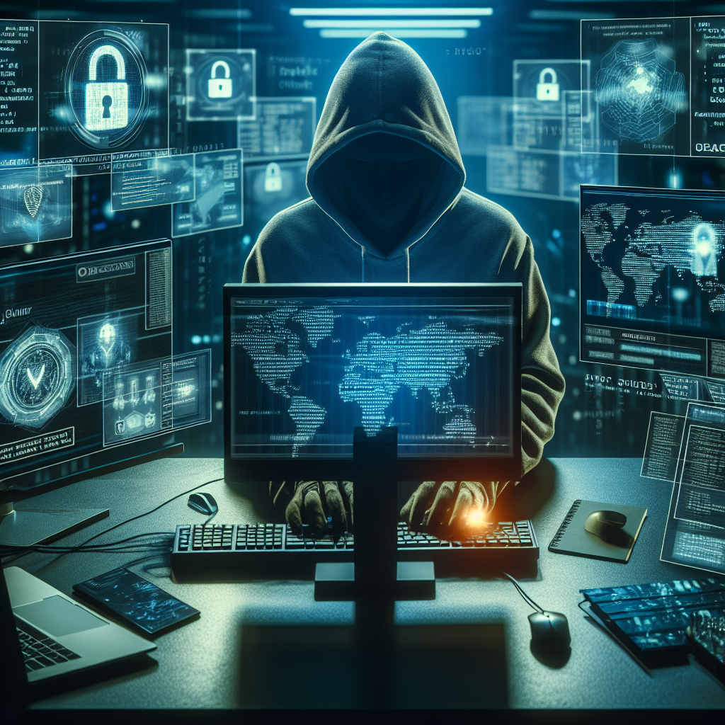 Image of hacker in dark hoodie amidst digital security and cyber attack graphics on multiple screens.