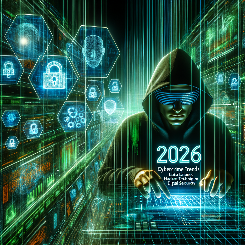 Futuristic hacker in digital environment illustrating 2026 cybercrime trends and cybersecurity.