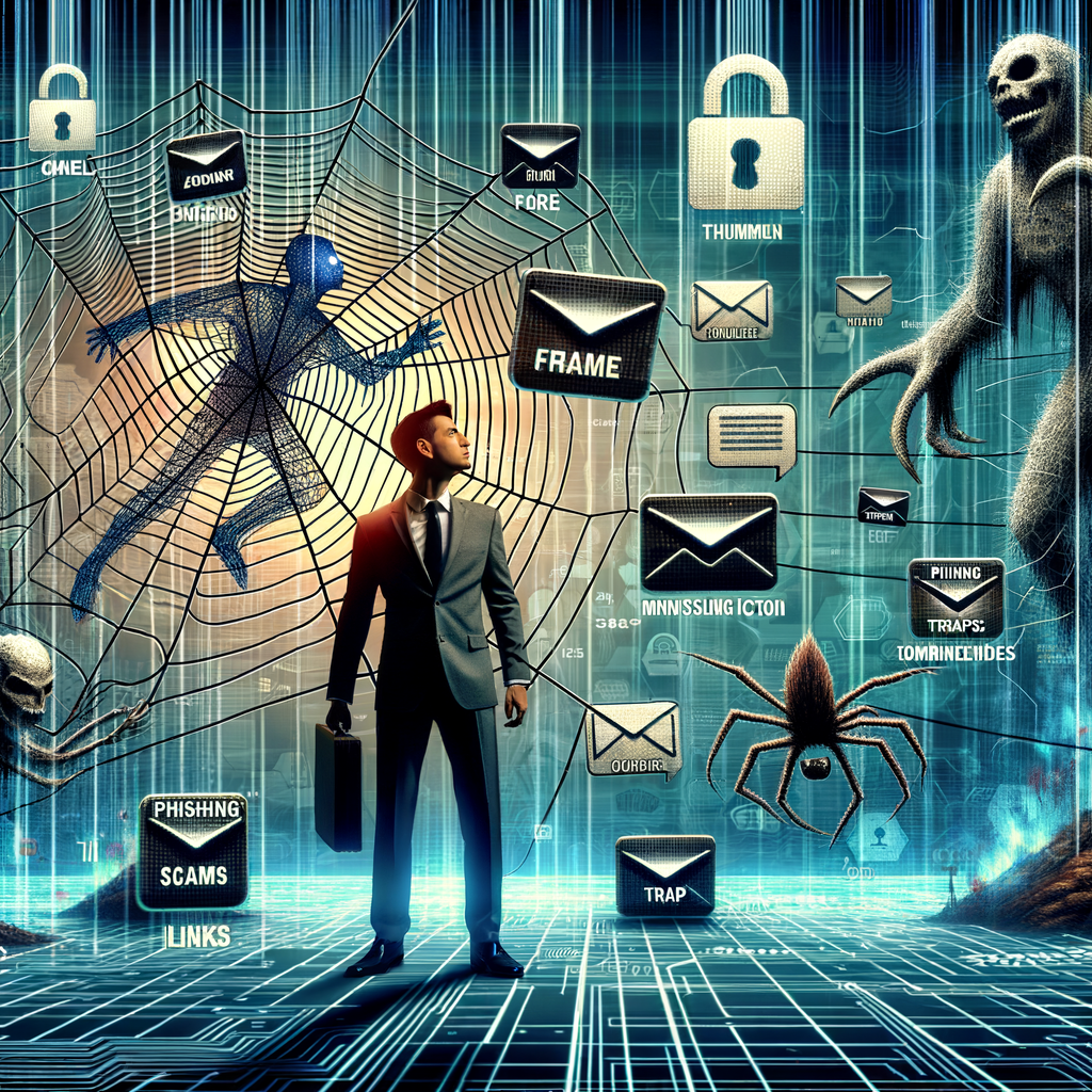 Illustration of a businessman caught in web of phishing scams and malware threats for 