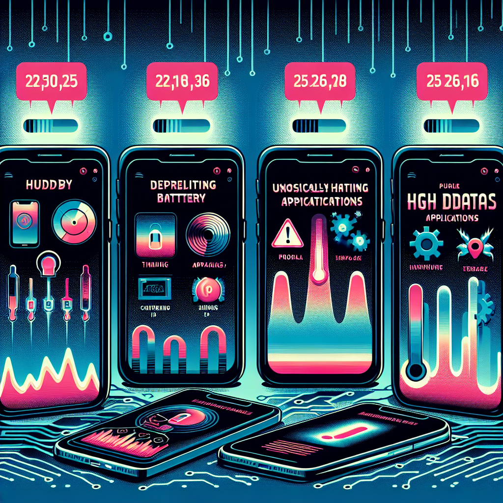 Futuristic smartphone screens displaying data analytics and app performance metrics in a neon cyberpunk style