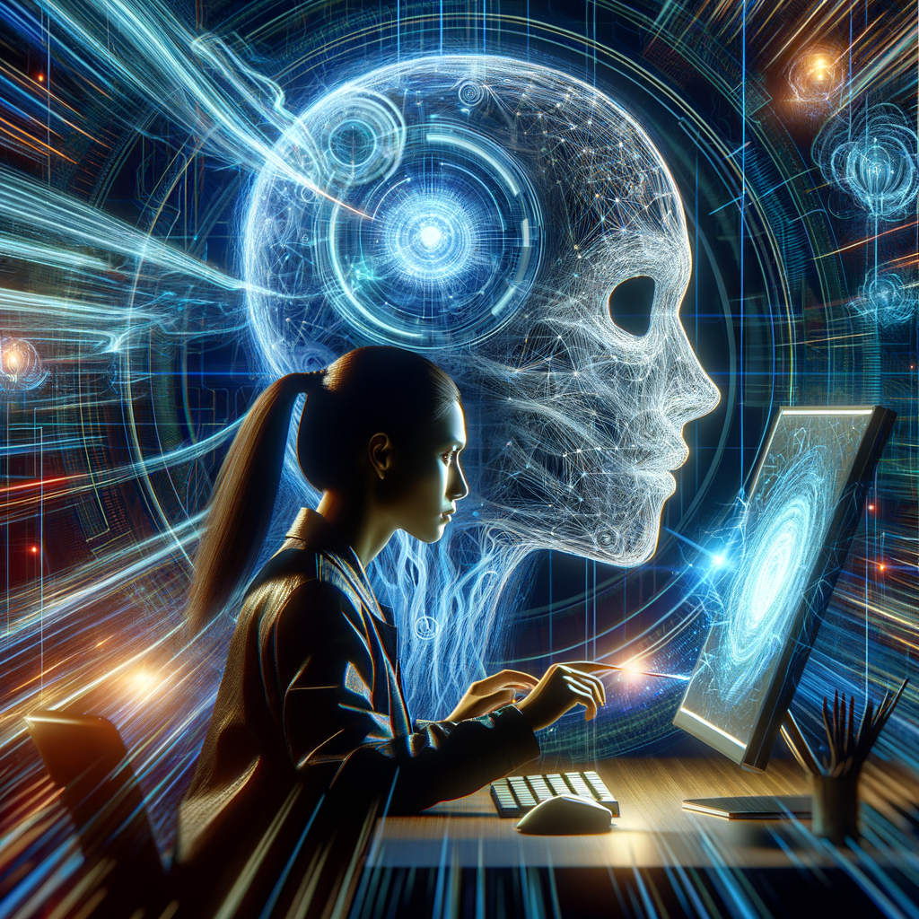 Woman using advanced AI technology with holographic digital interface and neural network.