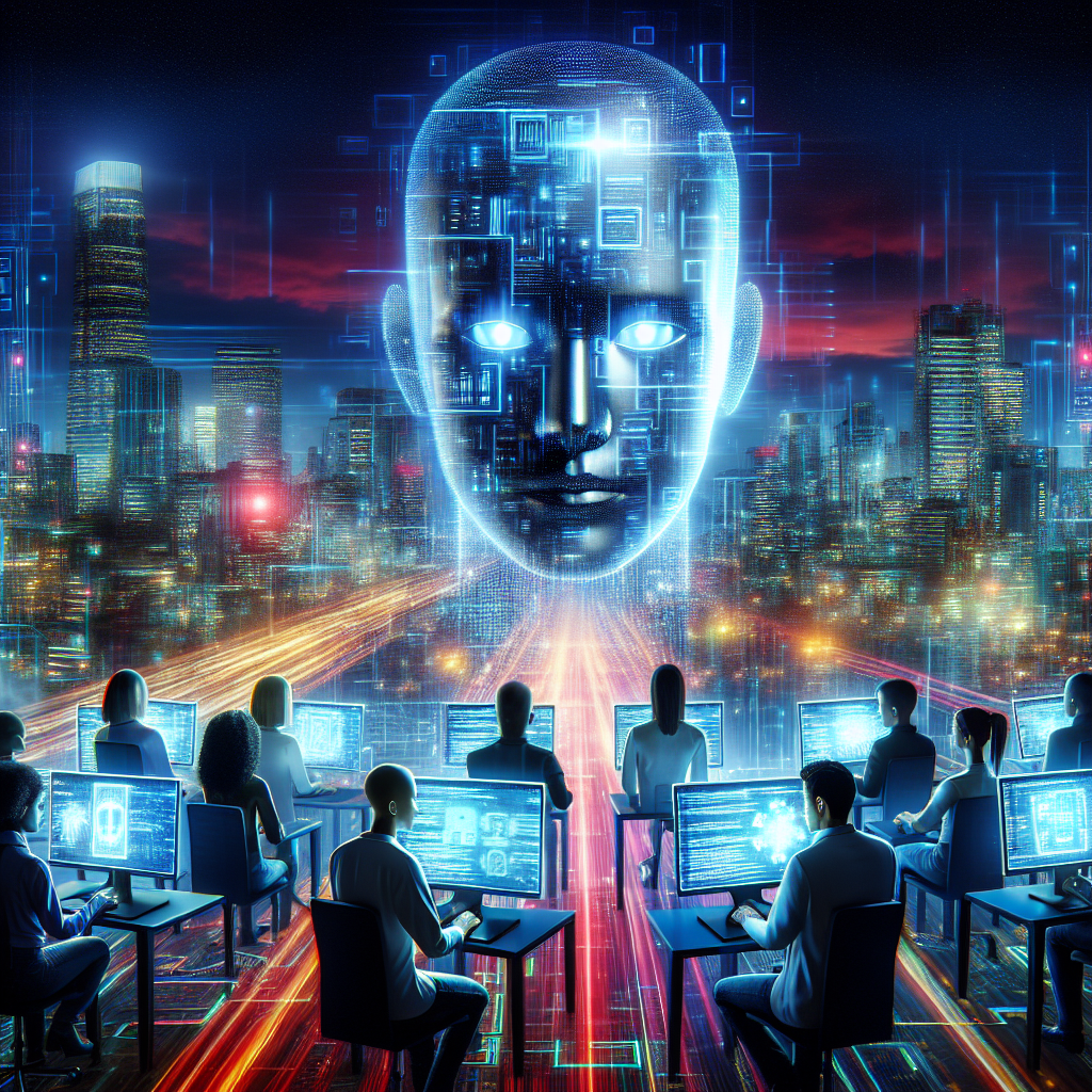 Futuristic AI technology concept with digital human face and people working on computers in a high-tech cityscape.