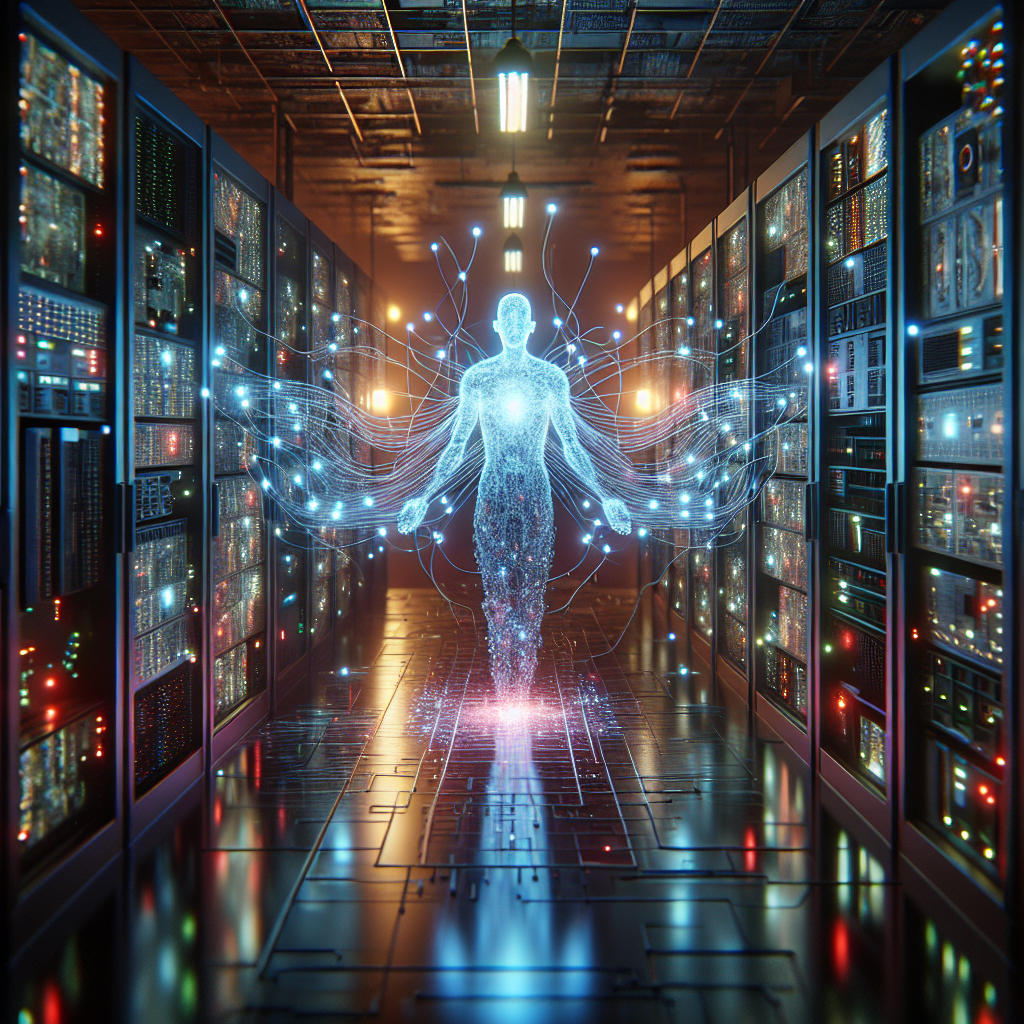 A digital human figure connected to data servers in a futuristic server room.