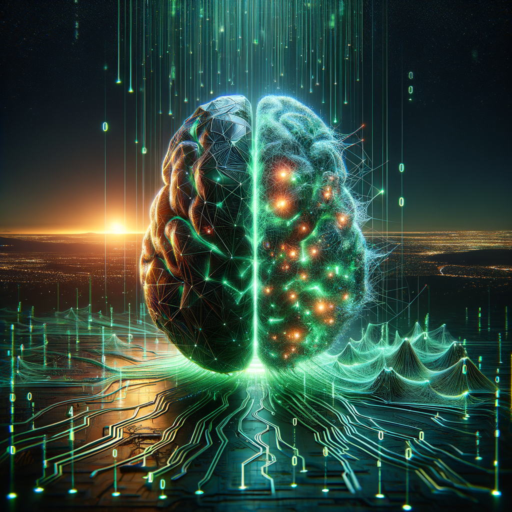 Illustration of glowing human brain integrated with futuristic technology and data circuits.