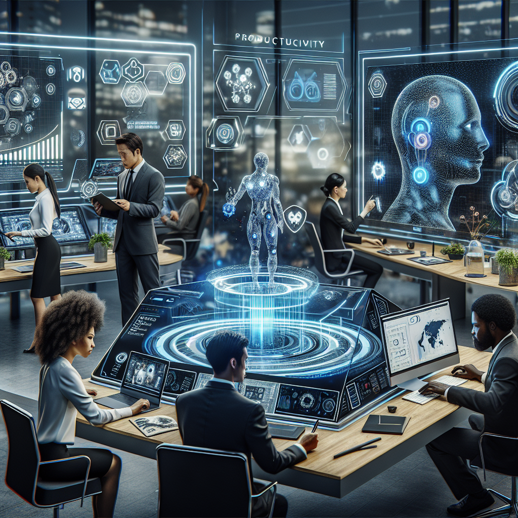 Futuristic office with professionals using advanced AI and holographic technology for productivity and innovation.