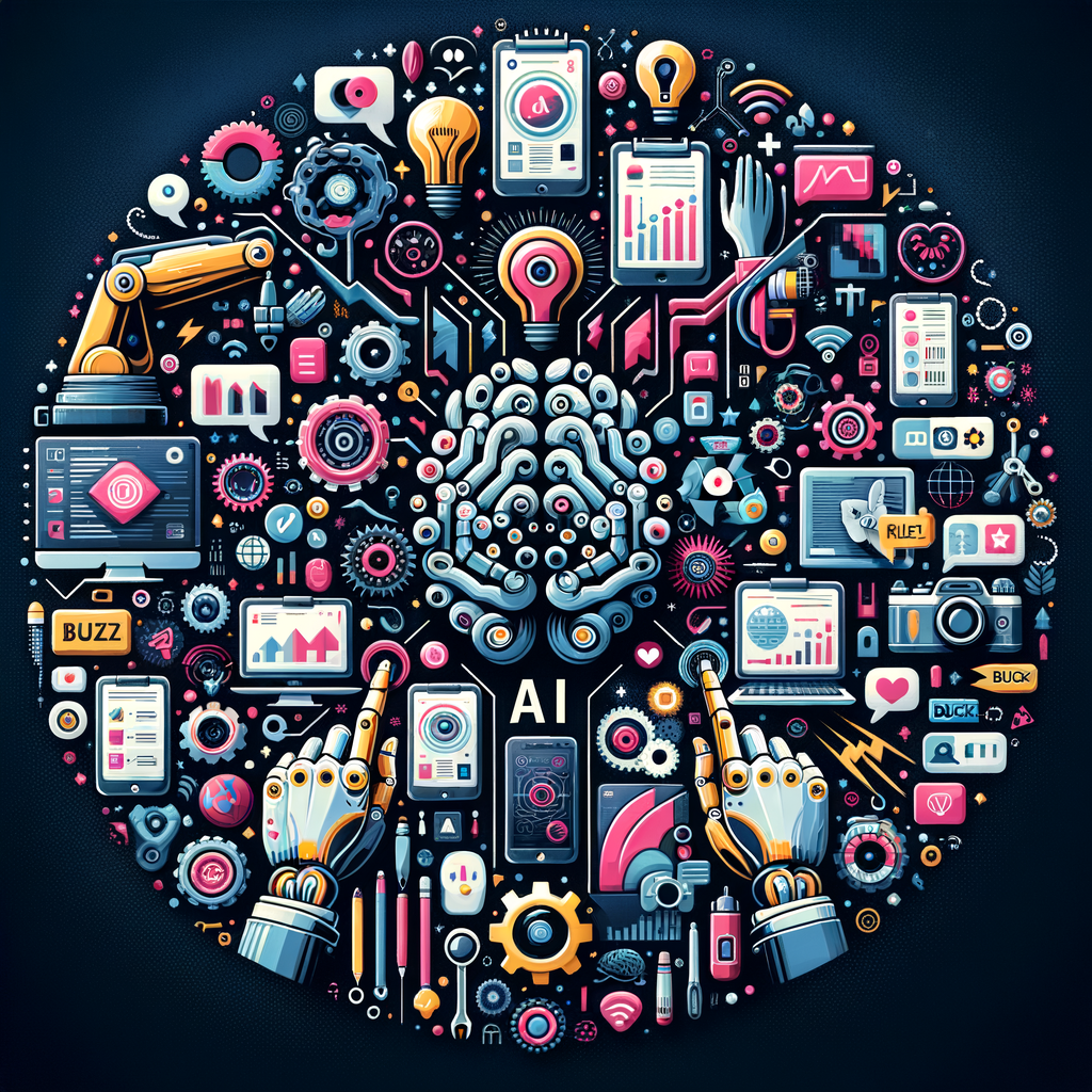 Colorful AI tech illustration with robotic hands, gears, and data icons.