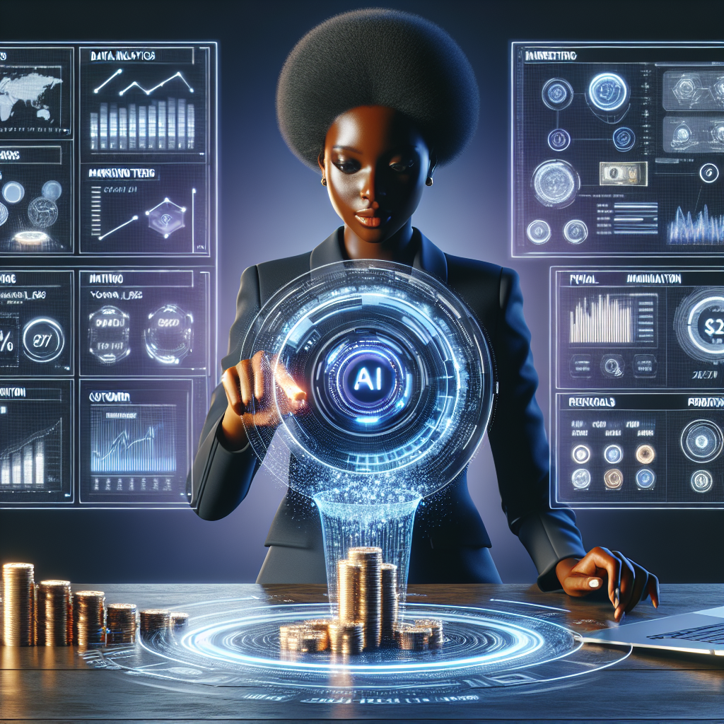 Futuristic AI technology concept: woman with holographic financial and data analytics interfaces.