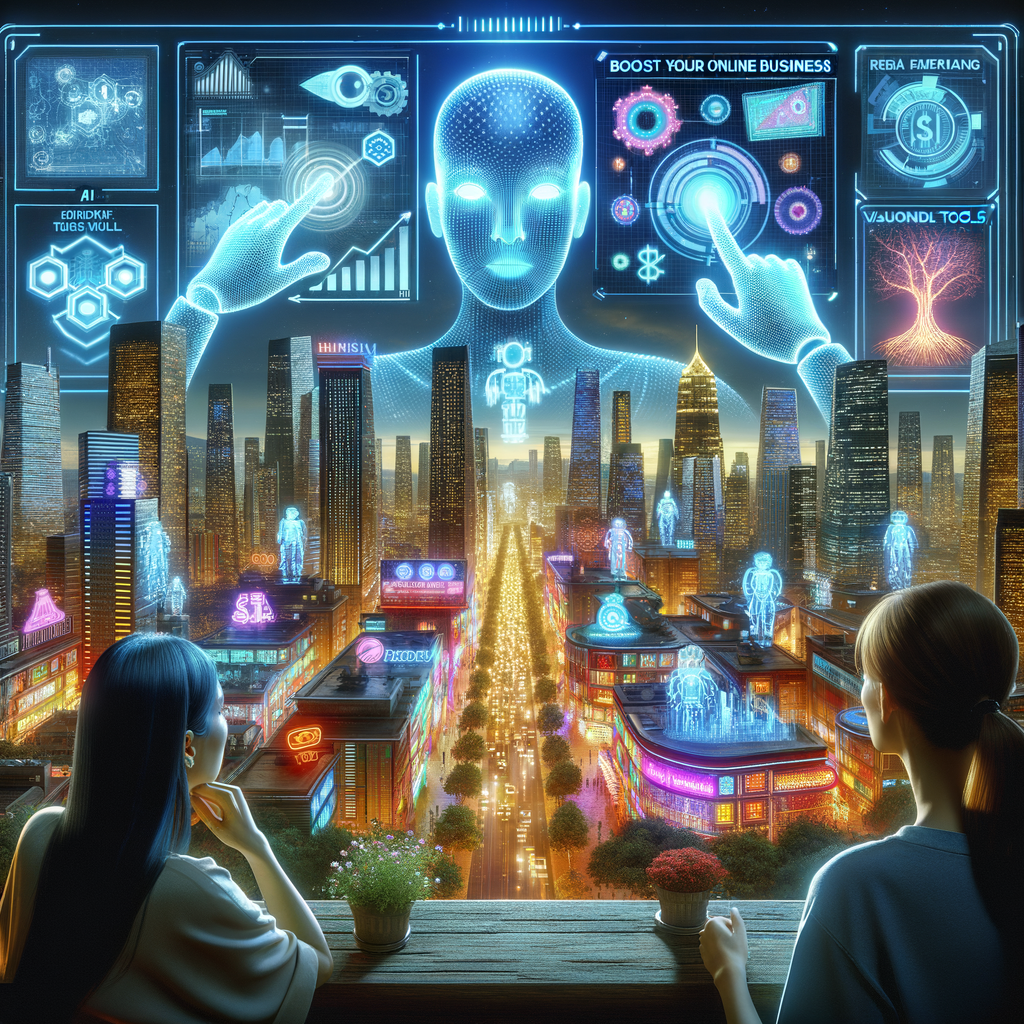 Futuristic cityscape with digital holograms and AI technology enhancing online business strategies.