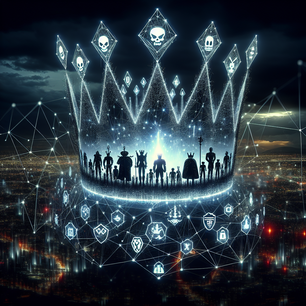 Futuristic crown with superheroes and cybersecurity icons over a cityscape at night, symbolizing cybercriminalit&eacute; 2026.