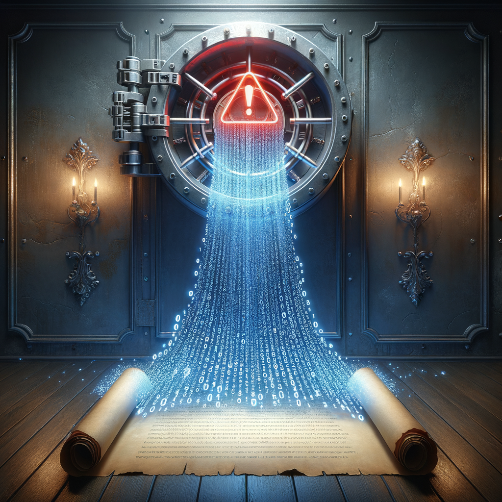 Digital data stream flowing from secure vault to ancient scroll.