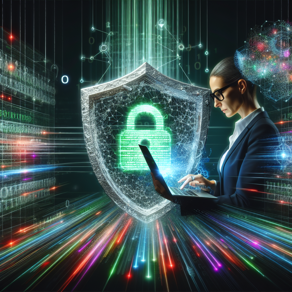 Cybersecurity professional with laptop and shield symbolizing data protection.