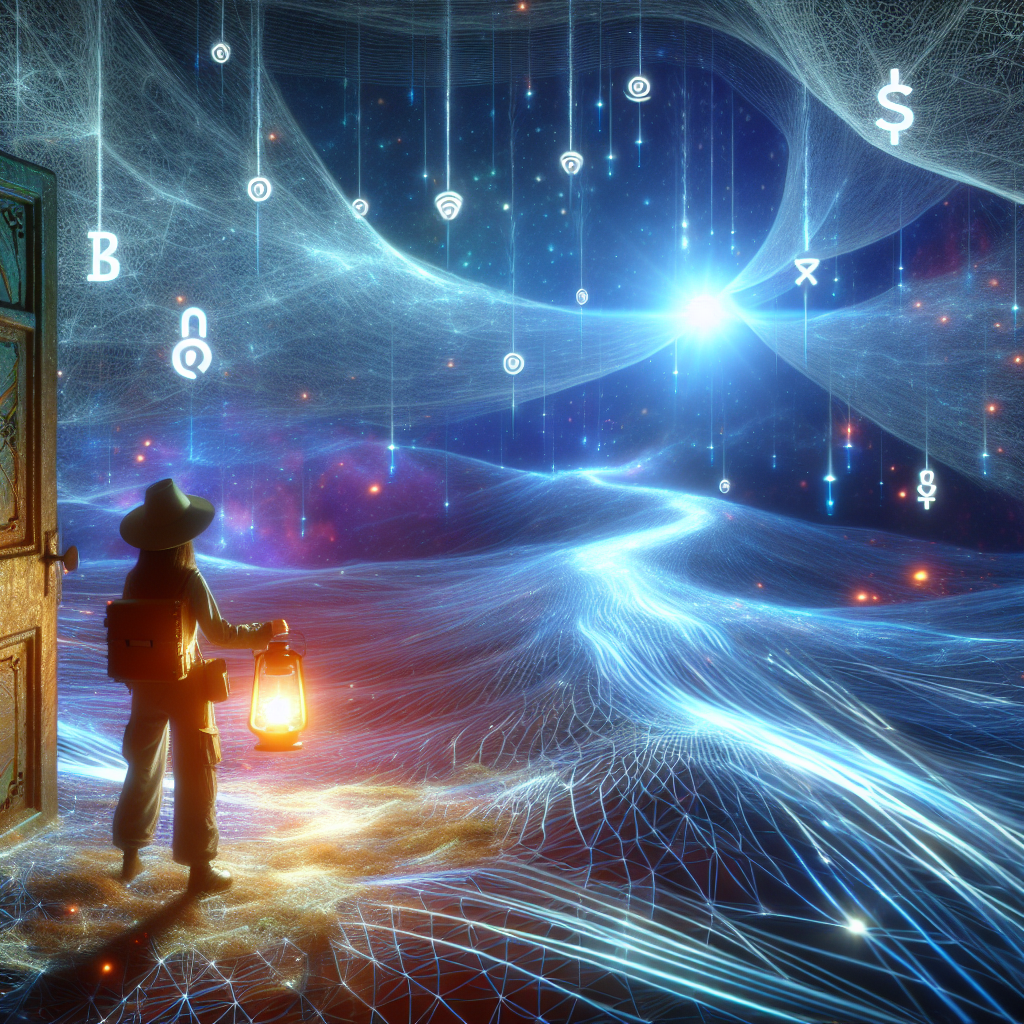 A person explores a futuristic digital landscape with floating cryptocurrency symbols and glowing data streams.