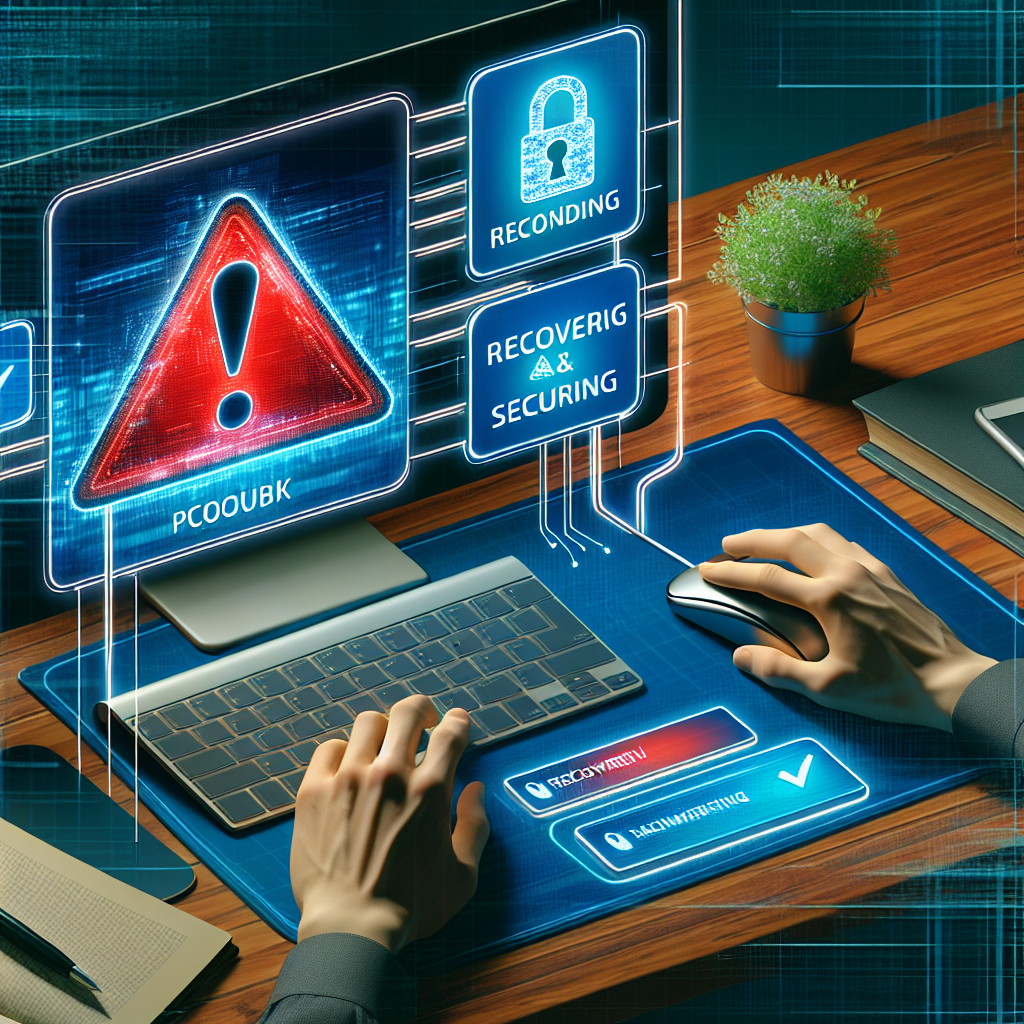 Computer displaying cybersecurity alert for a hacked Facebook account with steps for recovery.