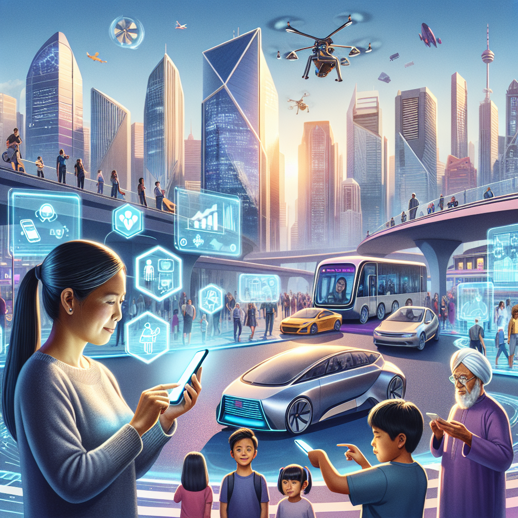 Futuristic smart city with advanced technology, autonomous vehicles, drones, and connected people.