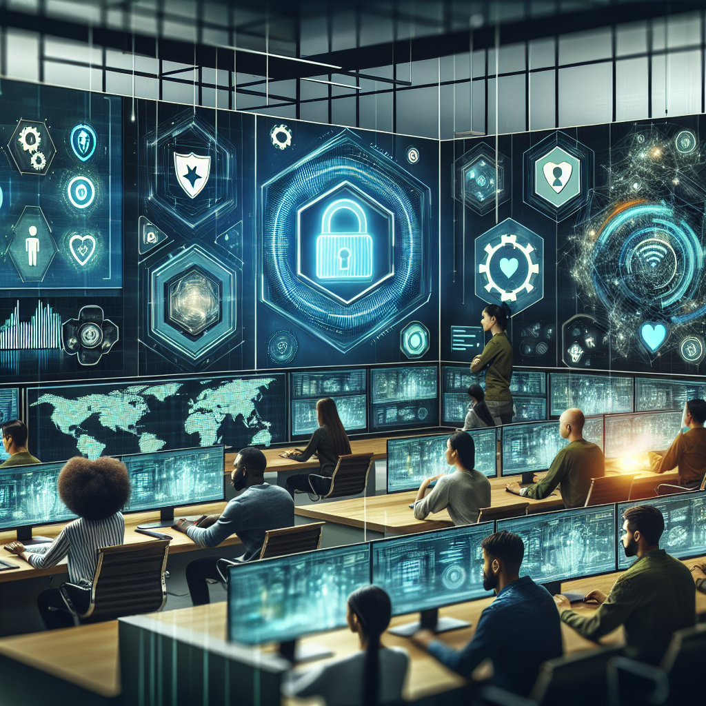 A cybersecurity team monitors digital security systems in a high-tech control room.