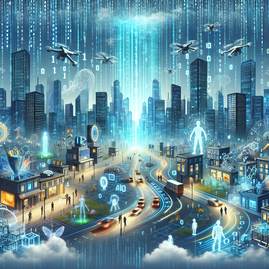 Futuristic smart city with advanced technology, AI integration, and autonomous drones.