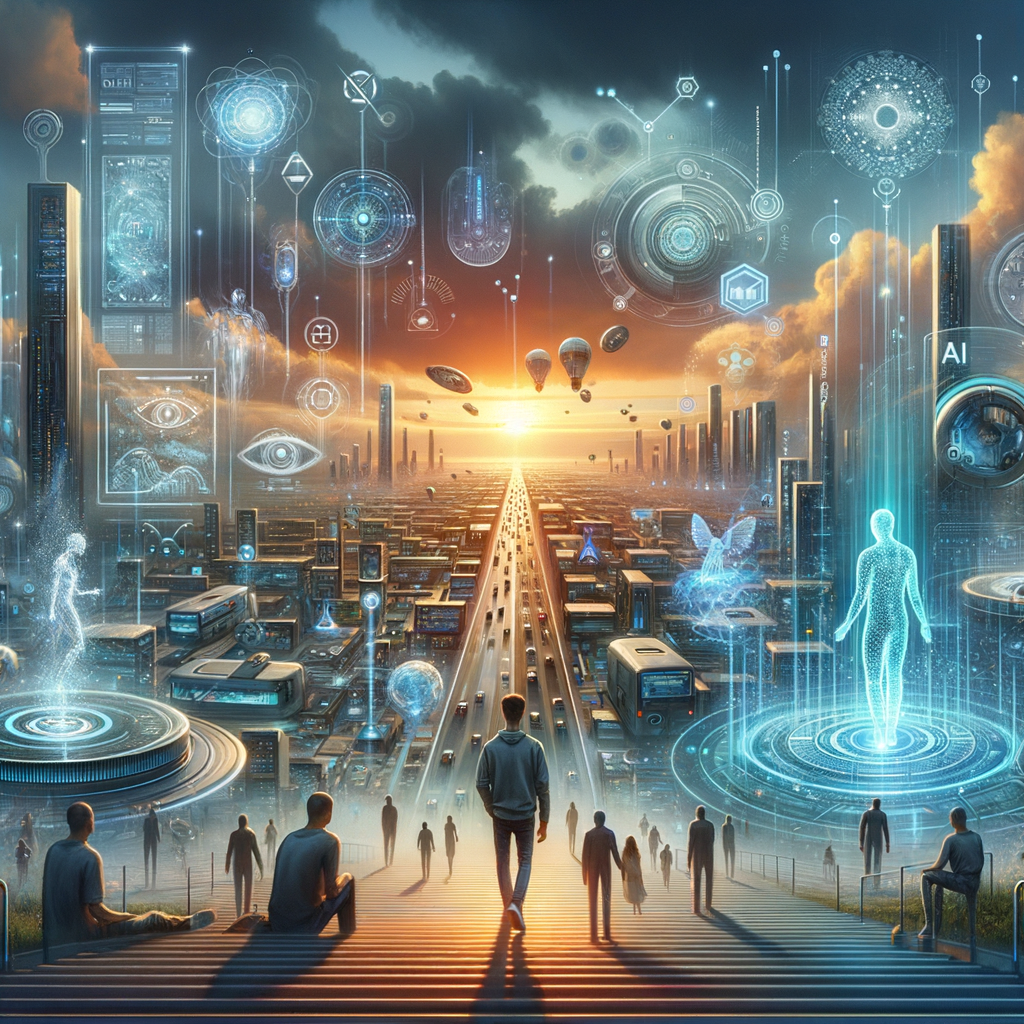 Futuristic cityscape at sunset with AI technology and digital holograms.