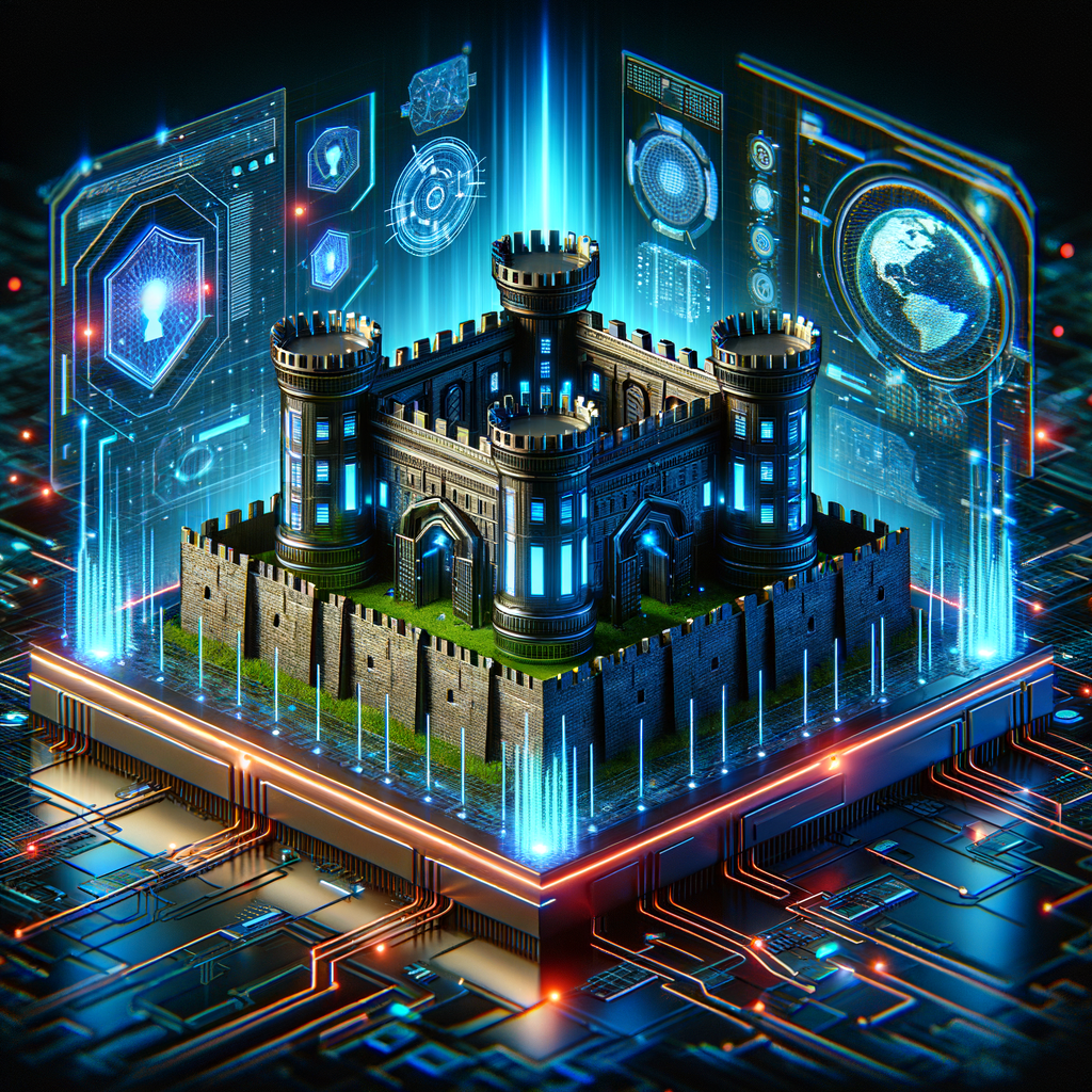 Futuristic digital fortress with holographic cybersecurity interfaces on a circuit board