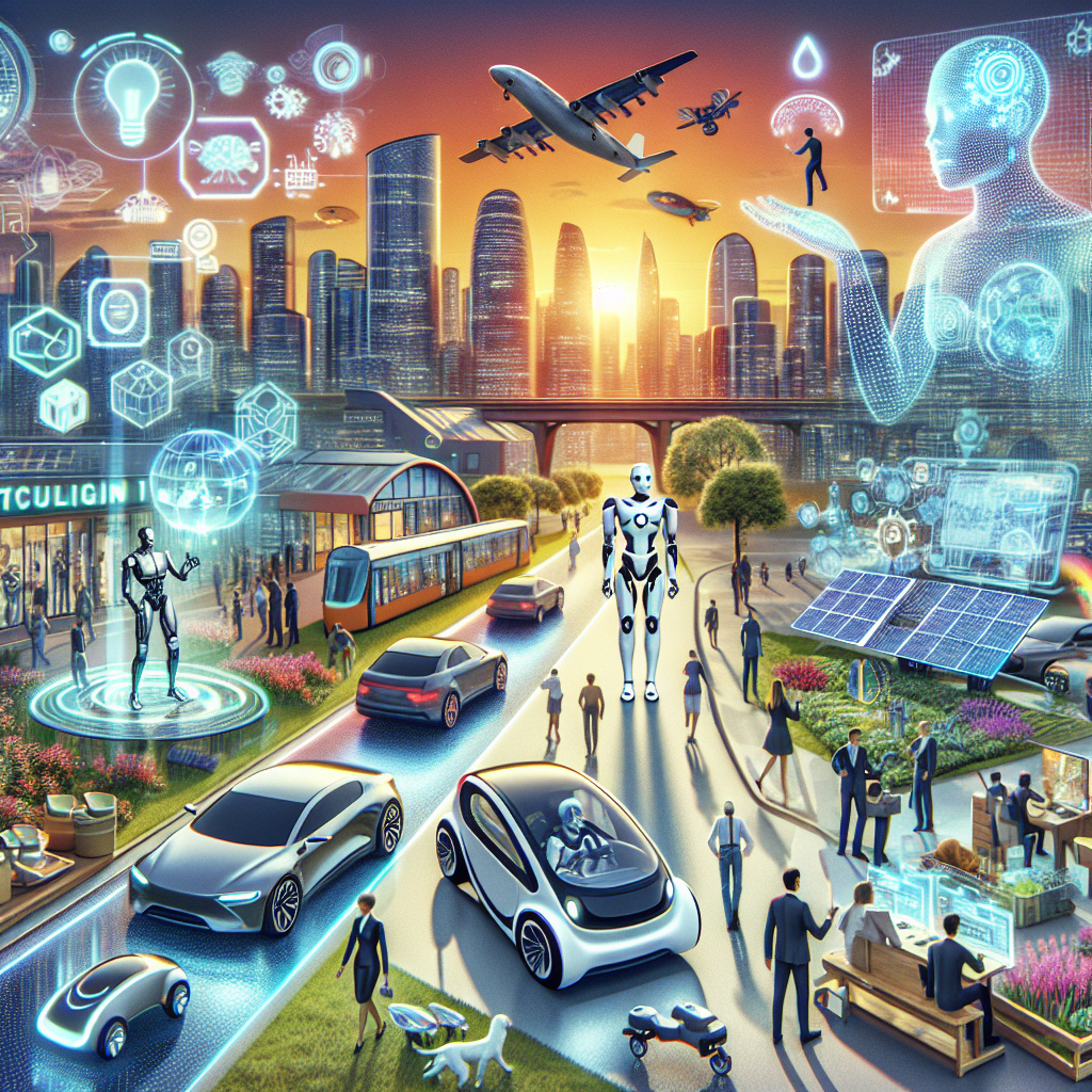 Futuristic smart city with advanced AI technology, autonomous vehicles, robots, and sustainable energy solutions.