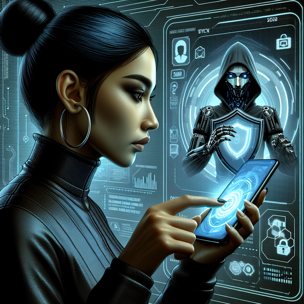 Futuristic woman using smartphone with digital shield and cyber security robot in background.