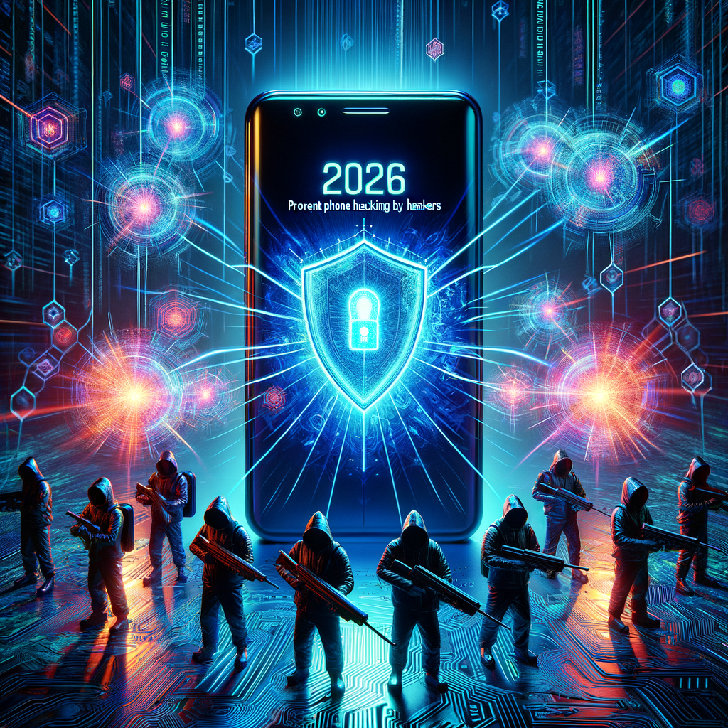 Digital shield protecting smartphone from hackers in 2026.