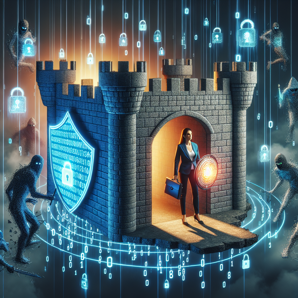 Illustration of a digital fortress protecting against hackers and data breaches.