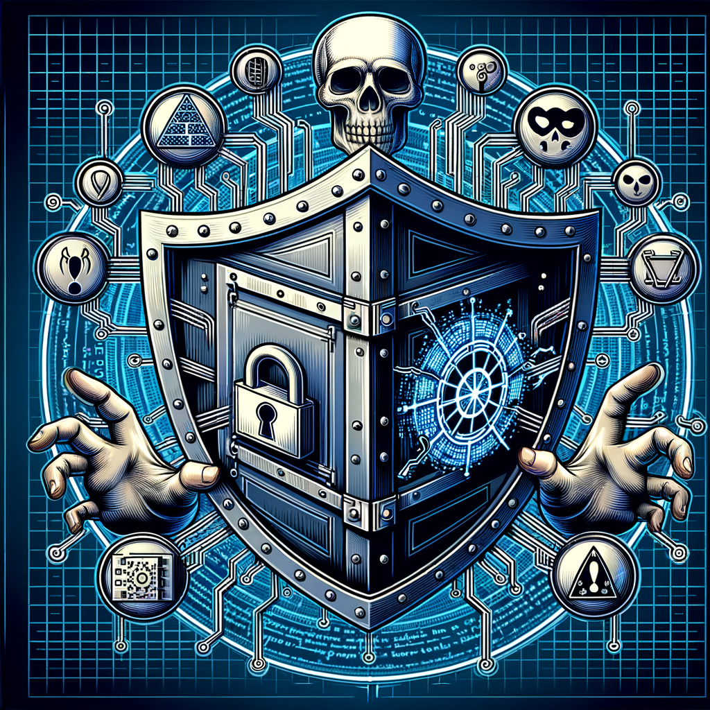 Digital shield with cybersecurity symbols and skull representing data protection and cyber threats