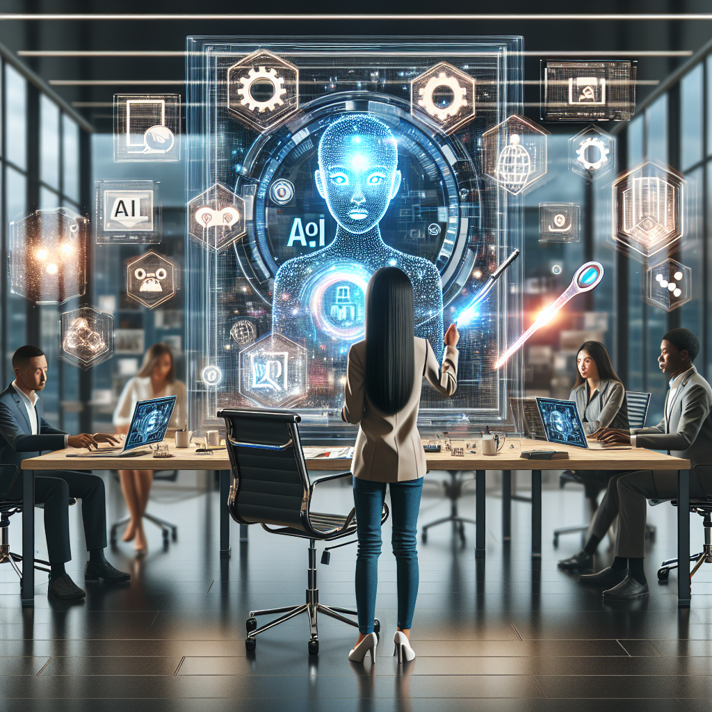 Futuristic business meeting showcasing AI technology and digital innovation in modern office.