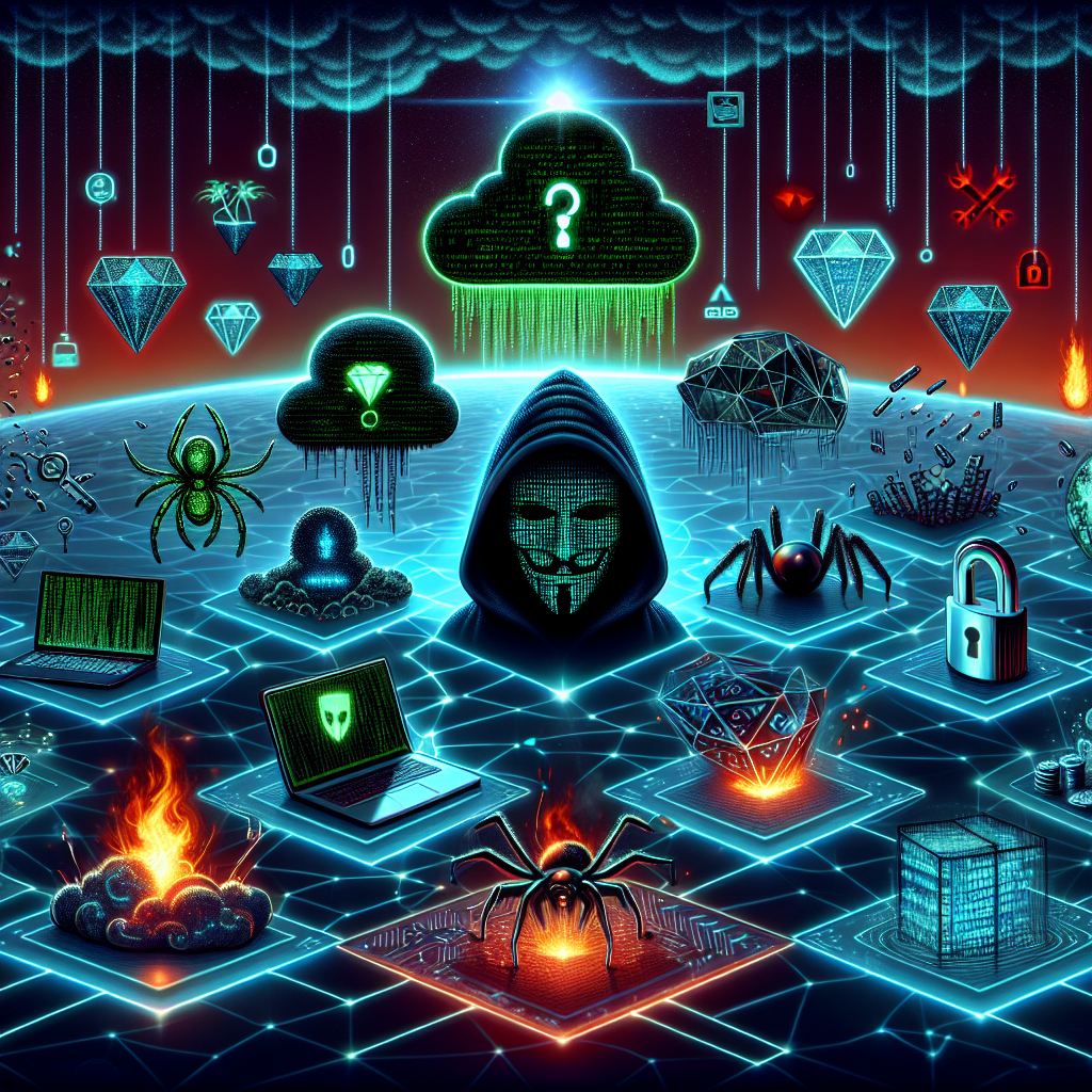 "Digital illustration of cybersecurity threats: hacker figure, spiders, locks, and cloud data symbols"