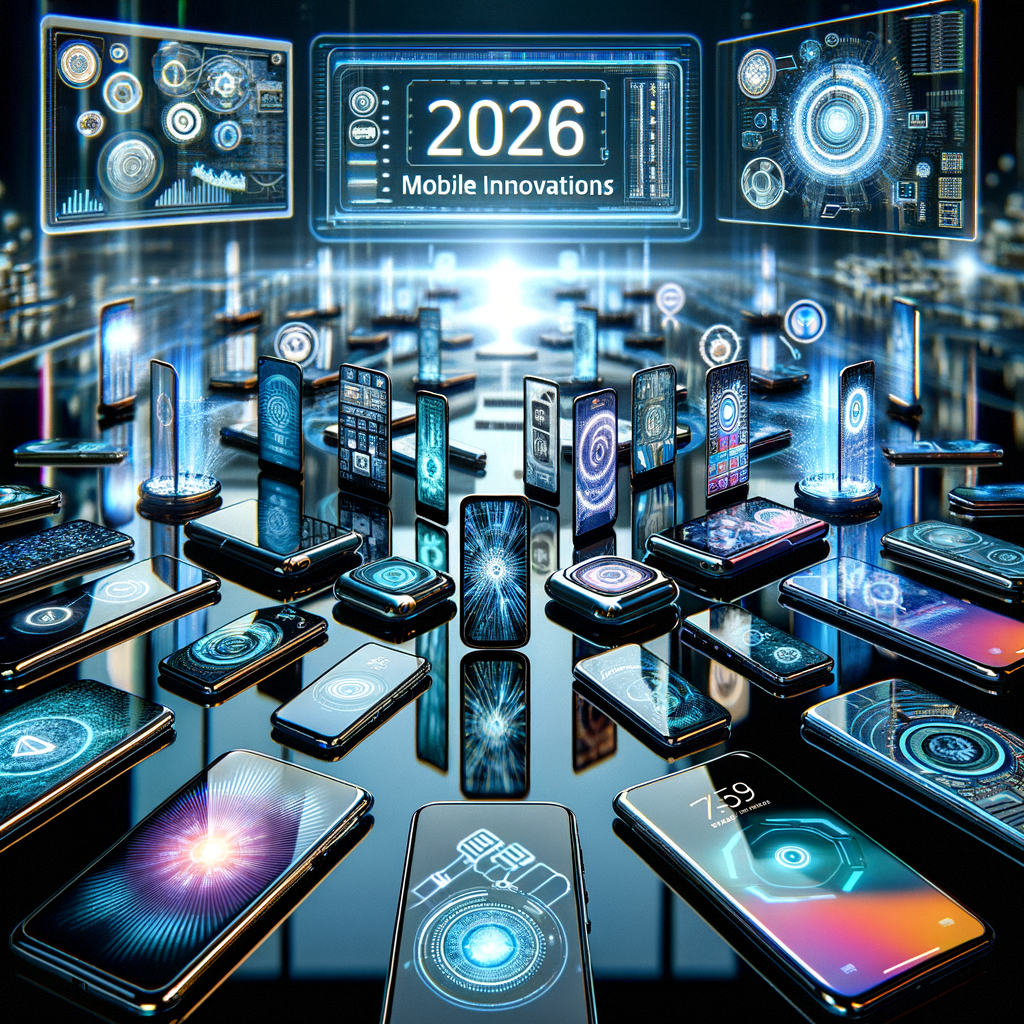 Futuristic 2026 mobile innovations concept with advanced smartphones and digital technology displays