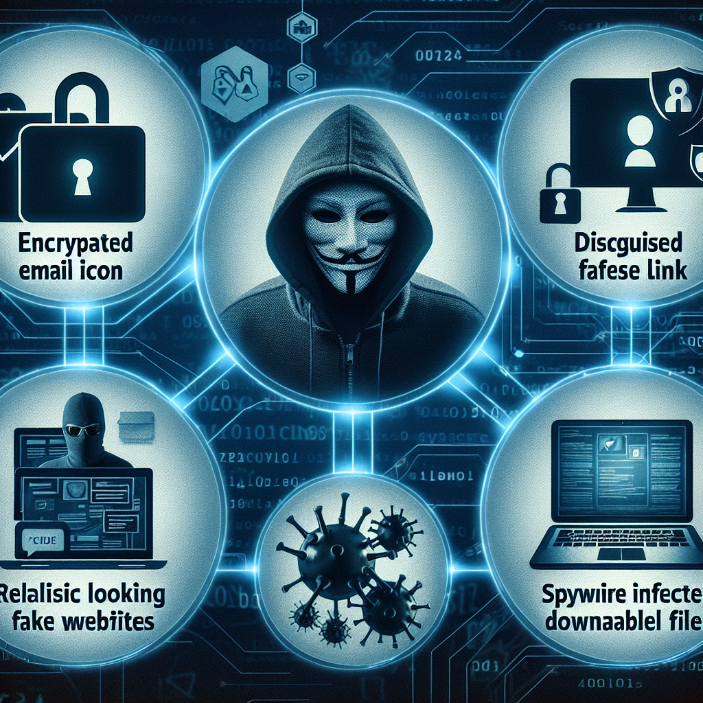 Illustration of cyber threats: hacker, encrypted email, fake websites, disguised links, spyware-infected files
