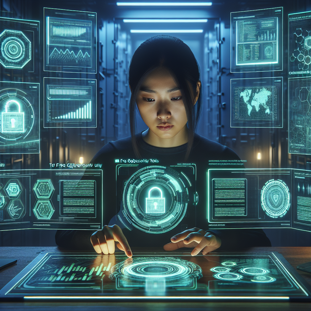 A woman using advanced cybersecurity technology with digital data and security interfaces.