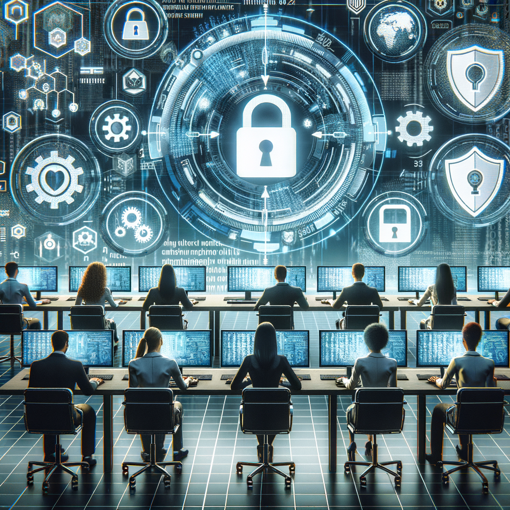 Cybersecurity experts monitoring digital security systems in a high-tech control room.