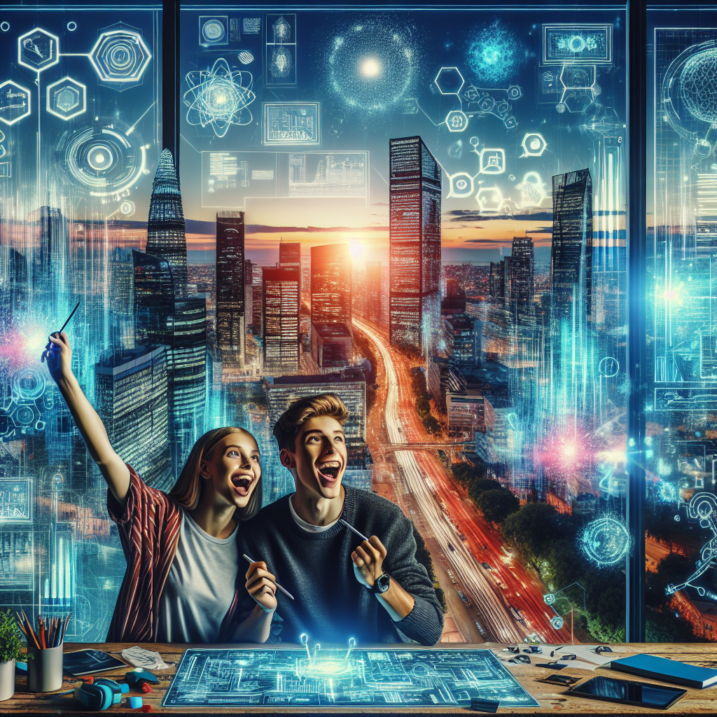 Young individuals engaging with futuristic digital technology in a smart city environment.