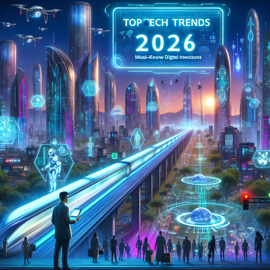 Futuristic cityscape illustrating top tech trends and digital innovations for 2026.