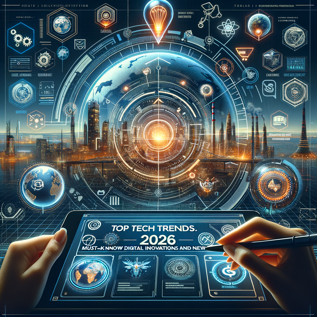 Futuristic digital interface displaying top tech trends for 2026 with a cityscape background.