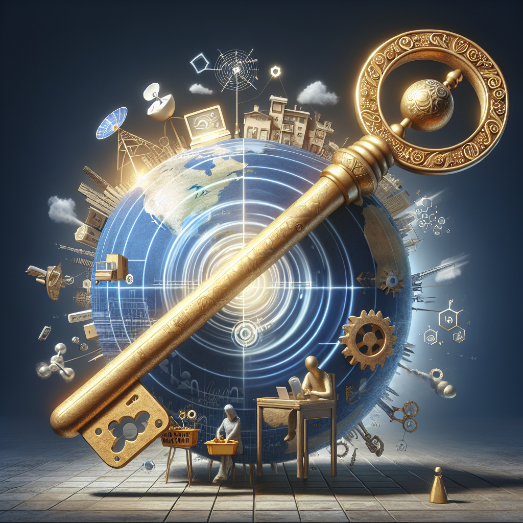 A golden key unlocking global technology and innovation concepts around a digital globe.