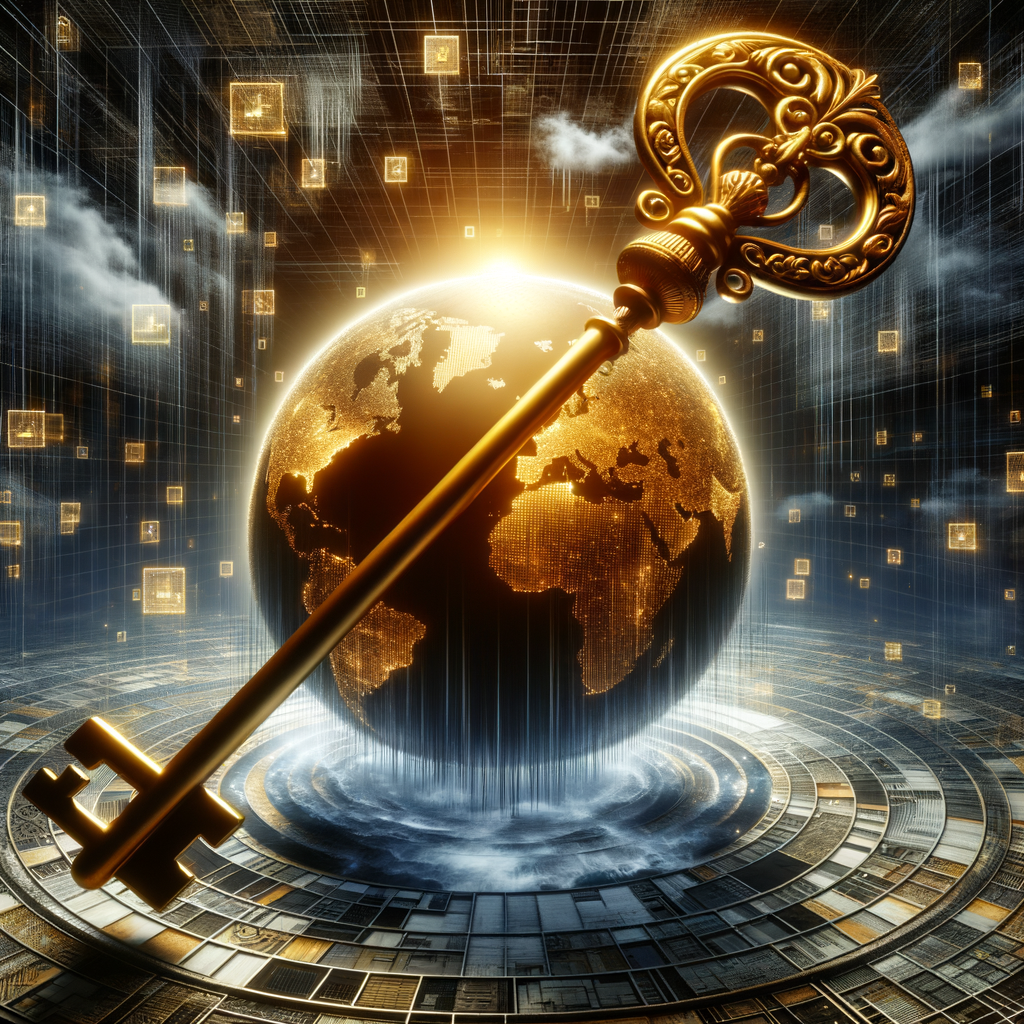 Golden key floating over a digital globe representing global access and security.