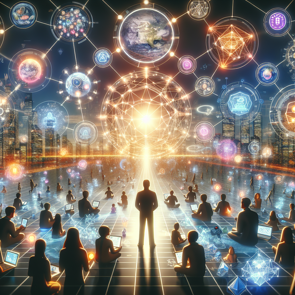 Futuristic digital network connecting people and technology in vibrant cityscape